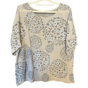 J&R STAR Made in Italy Floral Cotton Linen Blouse Natural Fibers Neutral Size 5